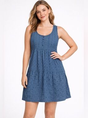 Prana Kendall Tiered Dress Blue Eyelet Lace Trim Sleeveless Size M